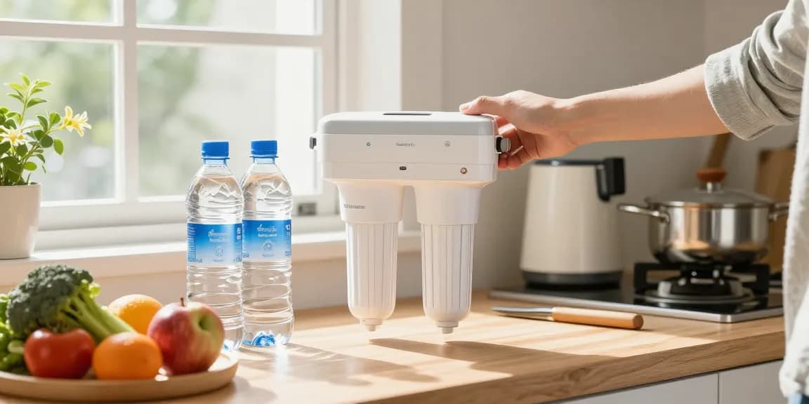 Waterdrop Plus 4396508 Refrigerator Water Filter being replaced in a bright kitchen for clean drinking water.