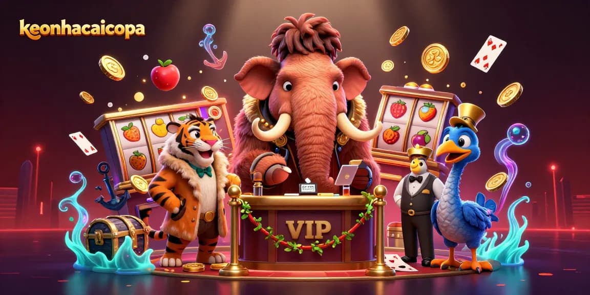 Engage with keonhacaicopa's dynamic casino scene featuring a bouncer, VIP guest, and doorman amidst vibrant slot games.
