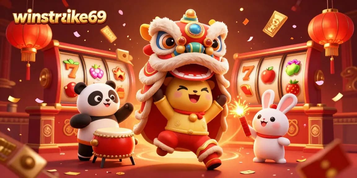 Engage with winstrike69 amidst a vibrant casino atmosphere featuring lively lion dance, slot reels, and festive elements.