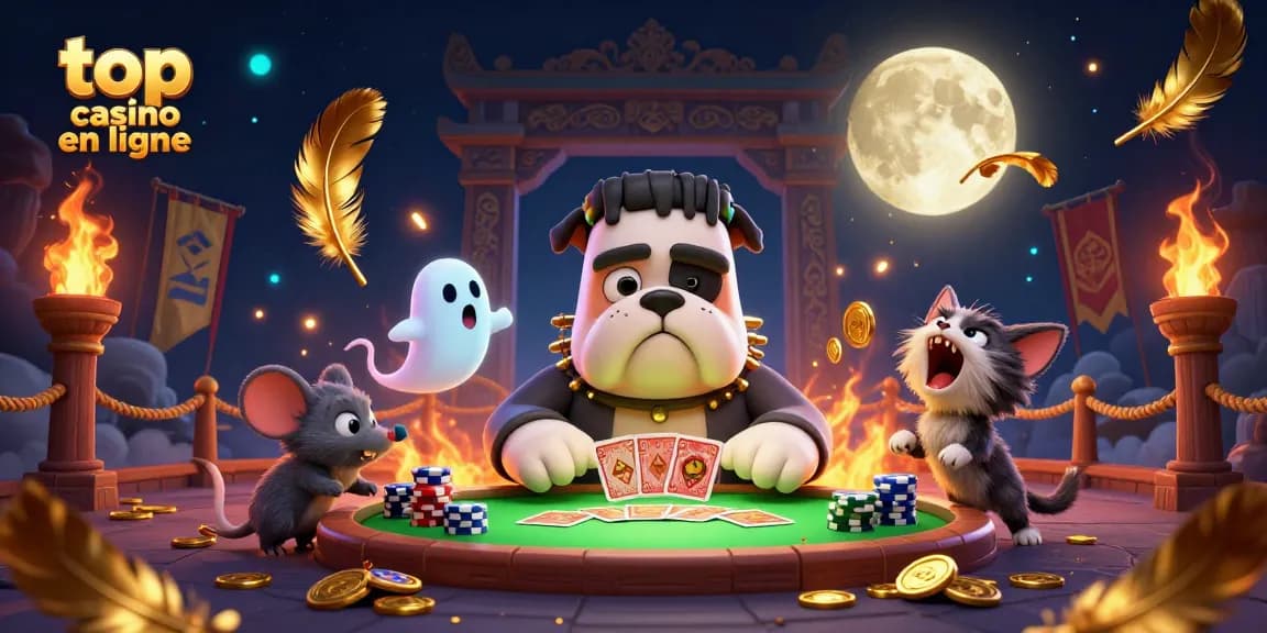 Meilleur casino en ligne avec un bulldog Frankenstein et un chat loup dans un cadre animé.