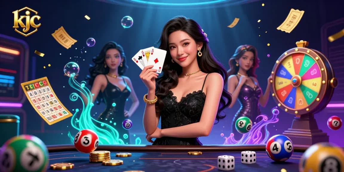 Engage with the exciting world of kjc, featuring an elegant Asian woman in a luxury casino holding playing cards, surrounded by vibrant gaming elements.