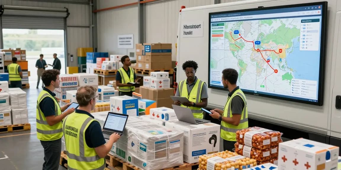 Hilfstransport Dortmund: Team von Logistikprofis koordiniert den Transport wichtiger Hilfsgüter in einem geschäftigen Lager.