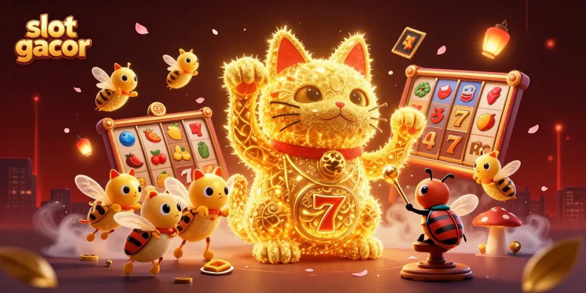 Engage with slot gacor illustrated in a vibrant 3D scene packed with fortune symbols and golden elements.