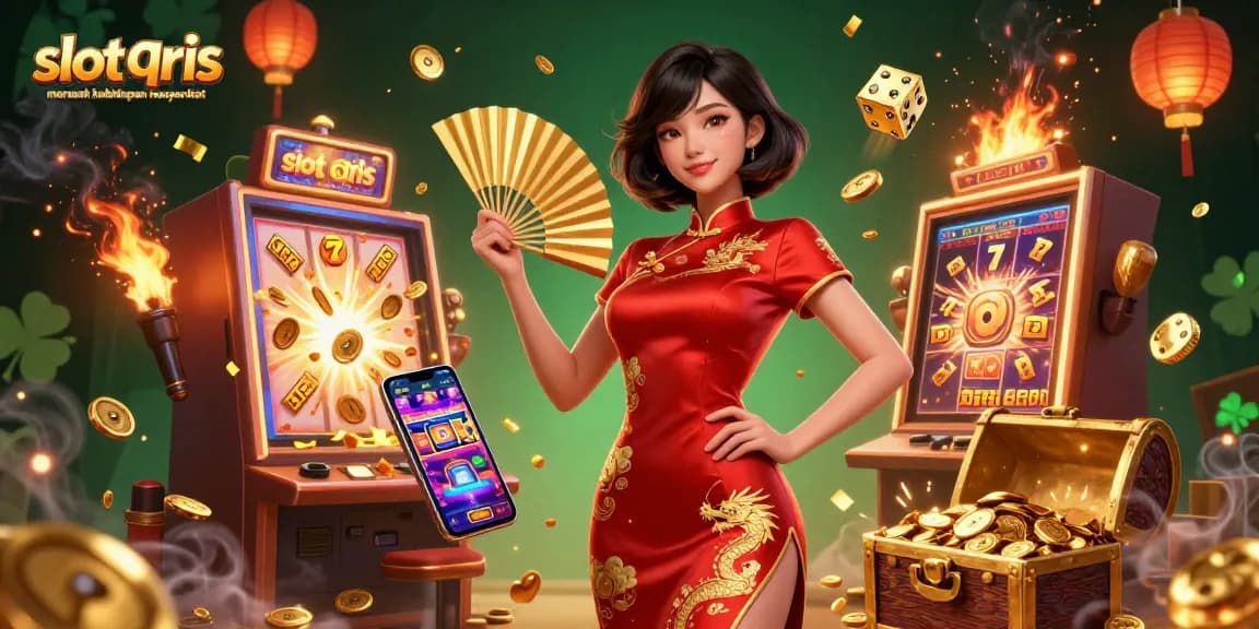Engage with slot qris merusak kehidupan masyarakat showcasing a captivating Asian woman celebrating a casino jackpot amidst floating coins and game elements.
