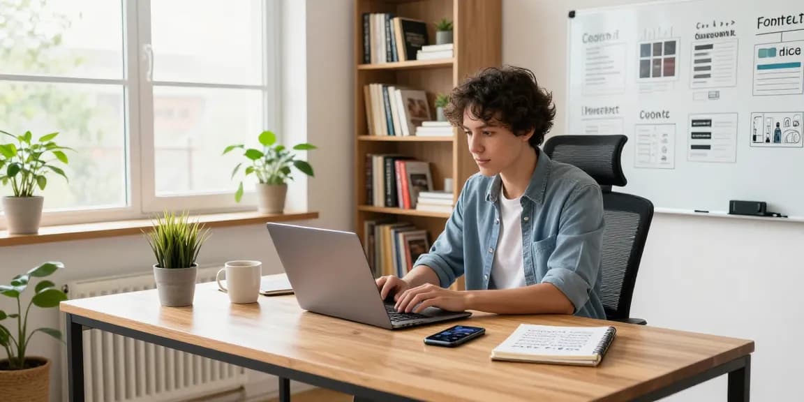 Creating quality and authority blogs in a modern home office with a writer at a desk surrounded by books and notes.