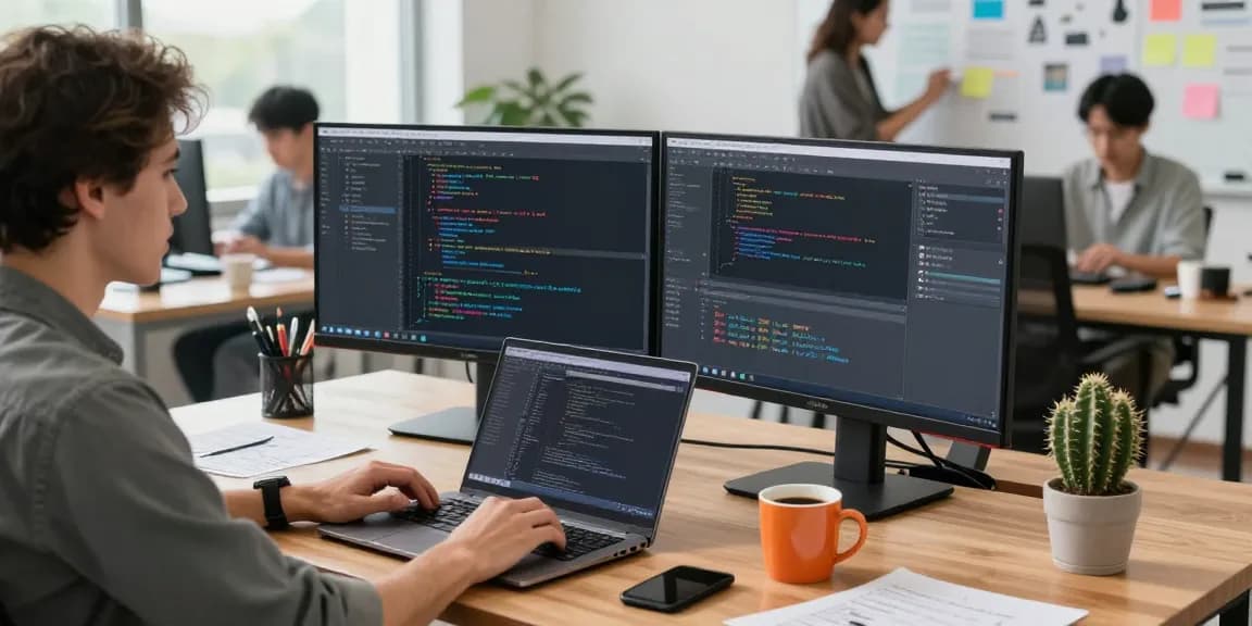 Dynamic tech workspace for software development at teiegramin.com, showcasing coding and collaboration.