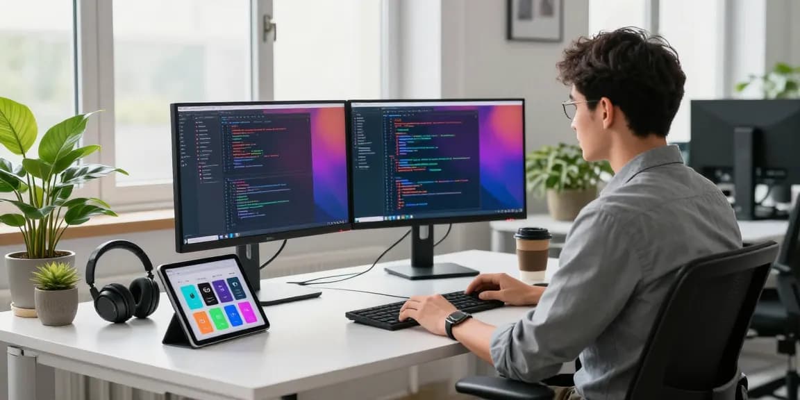 Developer coding the 纸飞机中文版 app in a vibrant tech workspace with modern gadgets.
