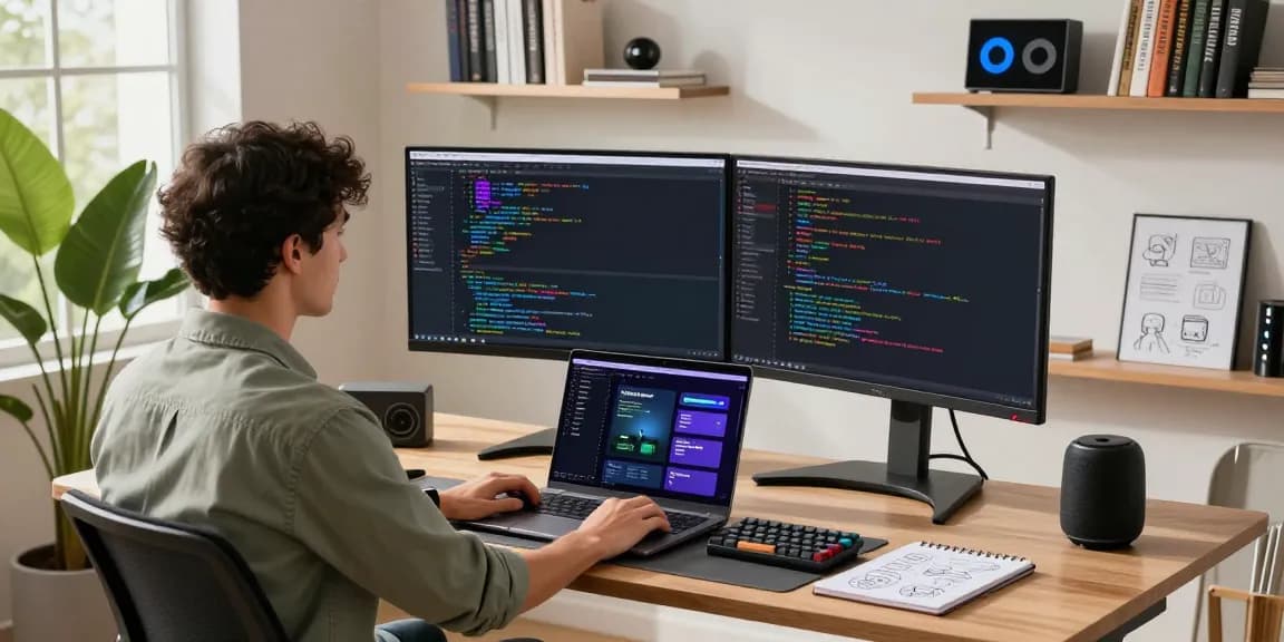 OpenClaw skill configuration workspace showcasing dual monitors with coding, modern desk setup, and natural lighting.