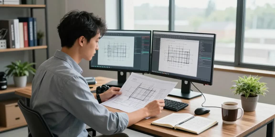 Structural engineer Missouri reviewing blueprints and designs in a modern office setting.