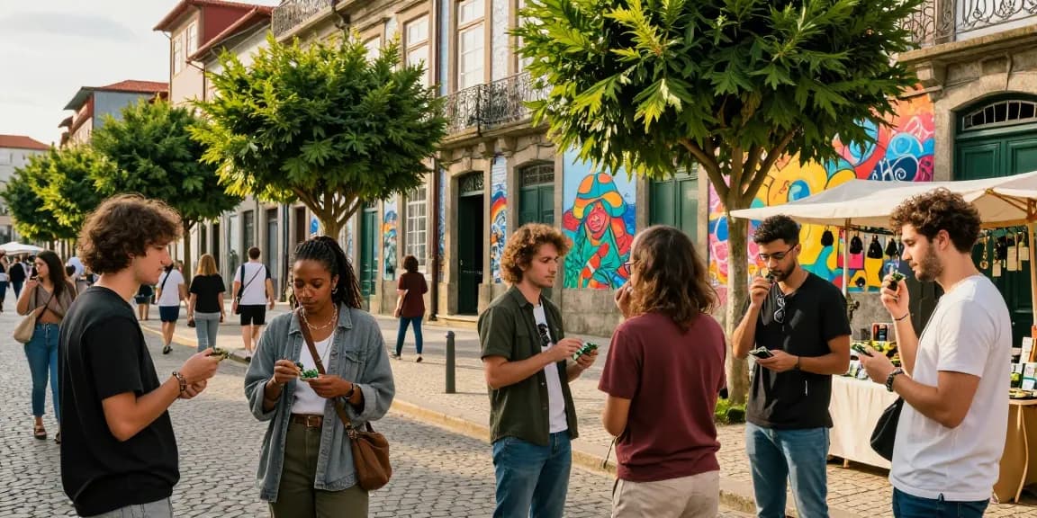 Where Can I Buy Top Quality Weed In Porto, Portugal? Young adults enjoy cannabis in vibrant street scene, showcasing Porto's cannabis culture.