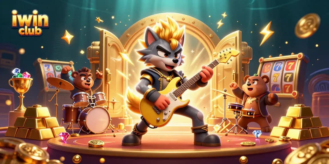 Experience thrilling gameplay with iwin club's vibrant casino illustration featuring exciting characters and treasures.