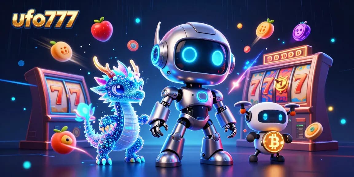 Engage with ufo777 in a vibrant casino scene featuring holographic companions and dynamic slot elements.