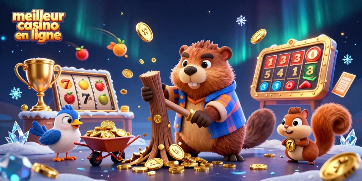 Découvrez le meilleur casino en ligne avec un écureuil empilant des noix d'or et un castor gagnant des pièces dorées.