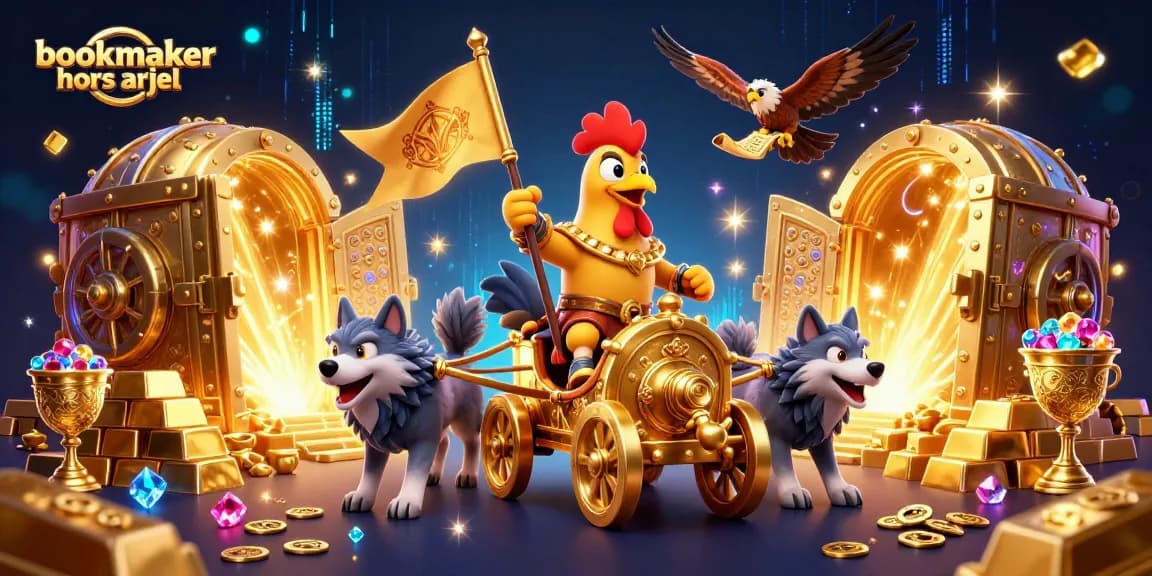 Découvrez les paris sportifs sur un bookmaker hors ARJEL avec un chariot doré et des compagnons.