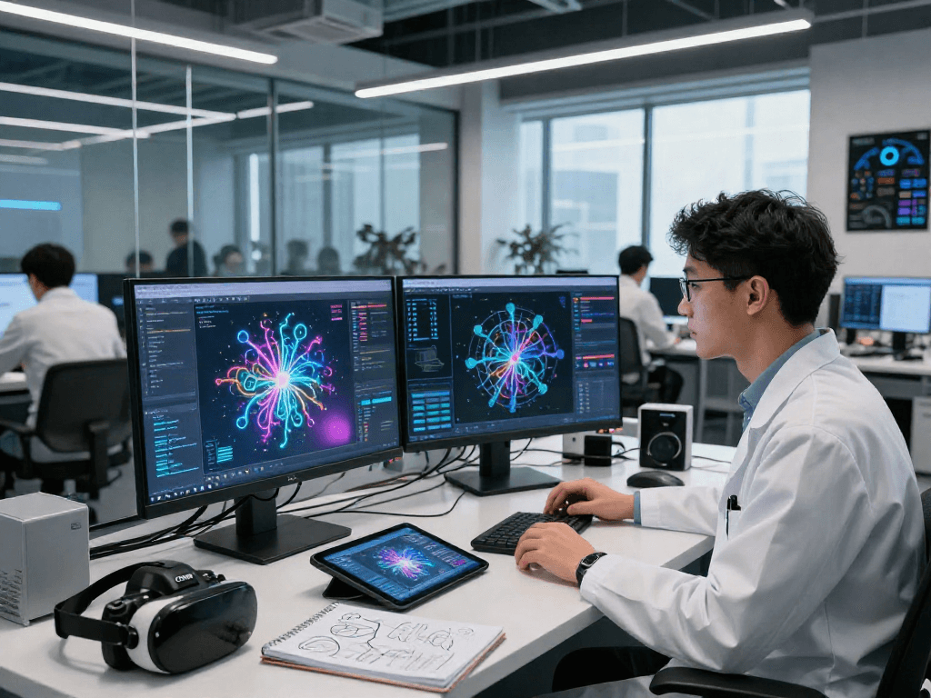AI Image Detector interface displayed on a monitor in a modern tech lab, showcasing image analysis.