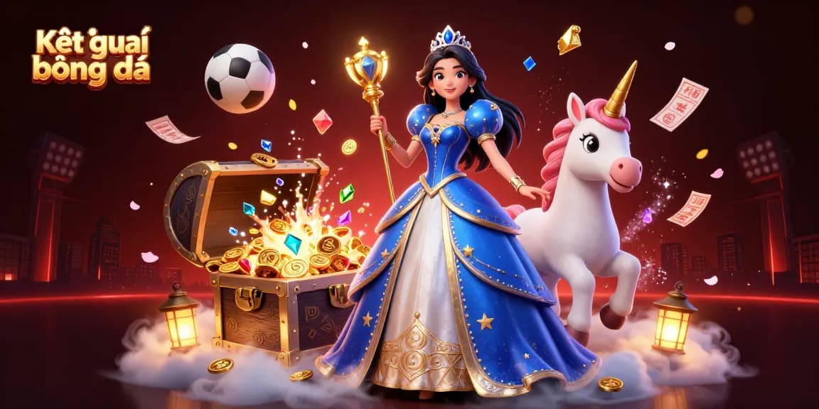 Kết quả bóng đá displayed in a vibrant 3D scene featuring a glamorous woman, a unicorn, and scattering sports elements.