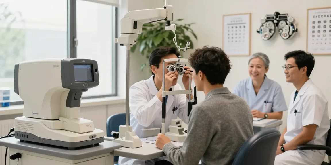 Eye clinic exam scene highlighting a page guide ✔️* to advanced vision care and personalized treatment.