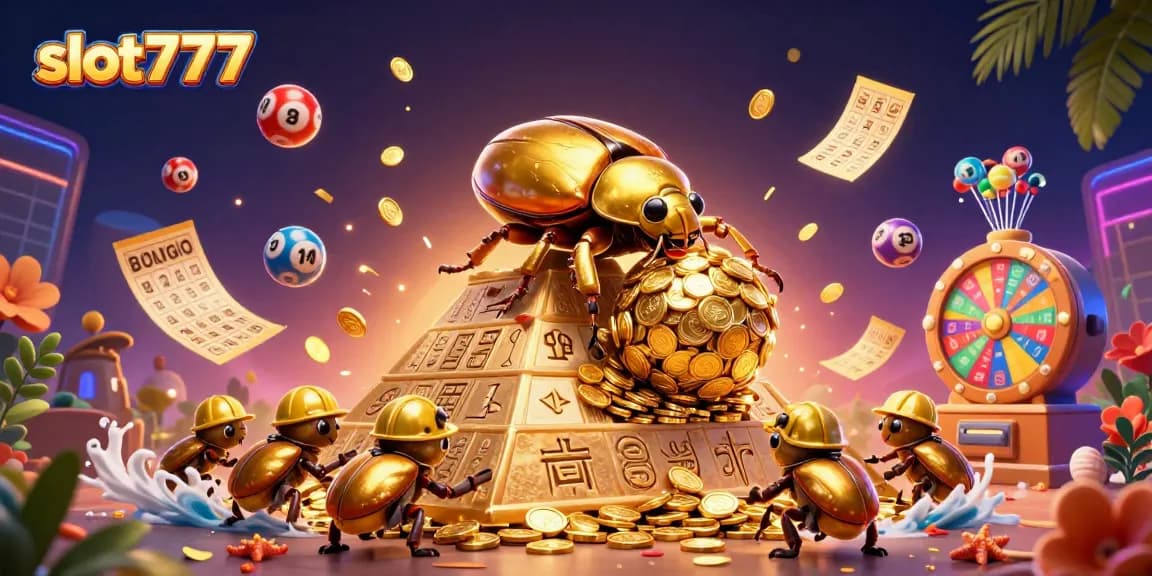 Experience slot777 excitement with vibrant casino elements and a golden dung beetle in action.