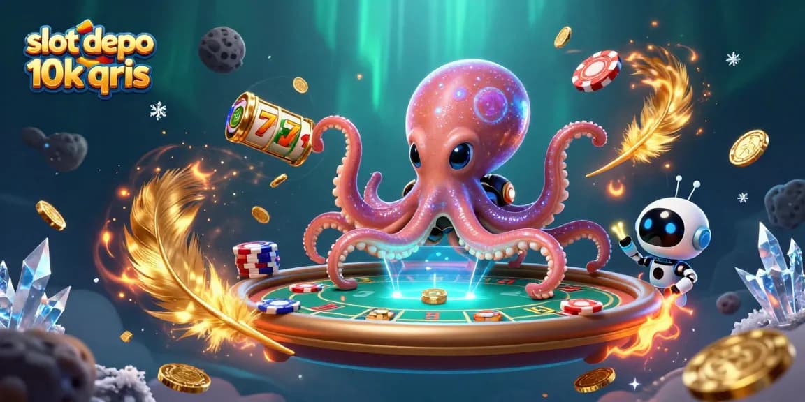 Win big with slot depo 10k qris, featuring a vibrant alien octopus at a holographic table surrounded by casino elements.