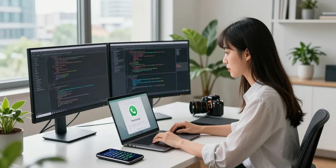 Focused woman using WhatsApp網頁版 on laptop in a modern office with vibrant city view.
