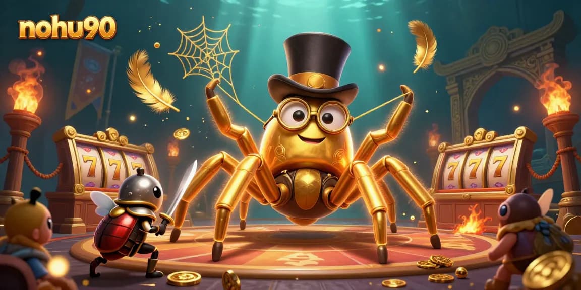 Nohu90's 3D casino scene featuring a golden tarantula and a beetle knight battling amidst vibrant slot reels.