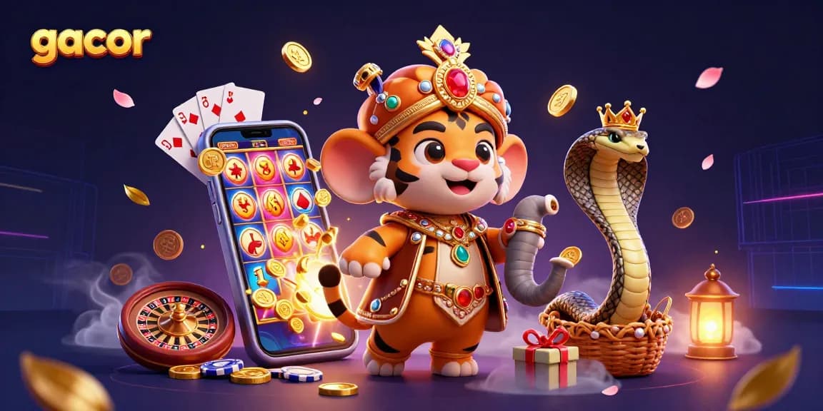 Gacor dalam permainan slot dengan maharaja harimau dan gajah berkilauan di tengah suasana kasino.