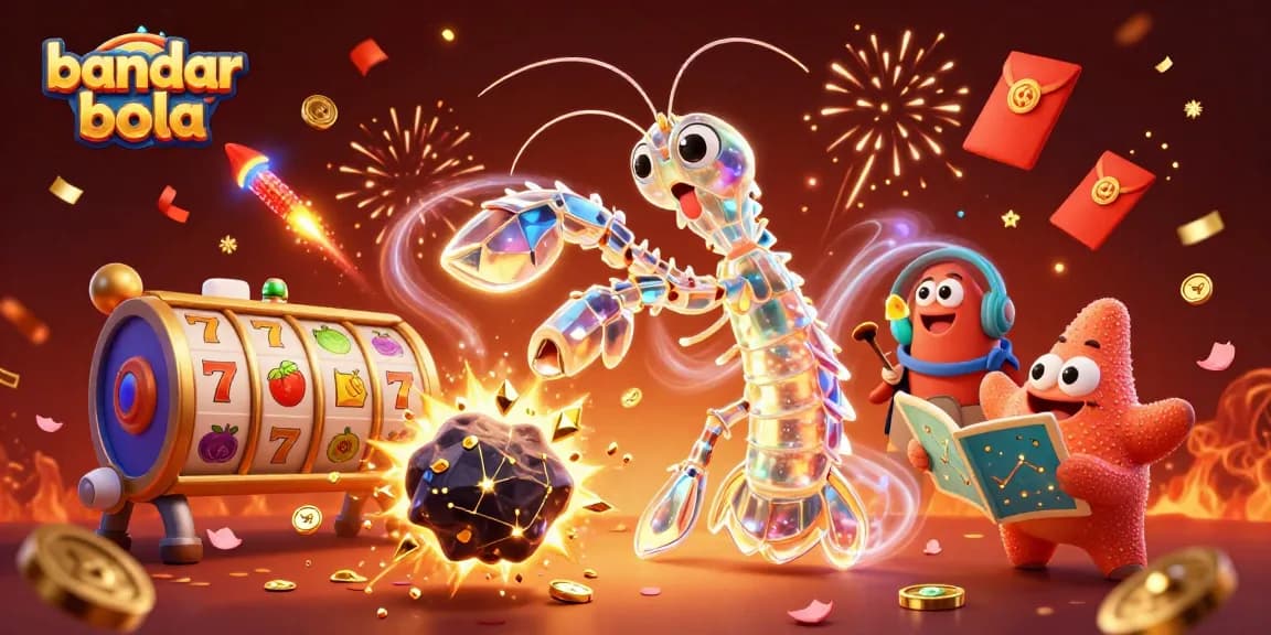 Engage in thrilling bandar bola action with a galactic mantis shrimp smashing asteroids, revealing golden treasures in a vibrant casino scene.