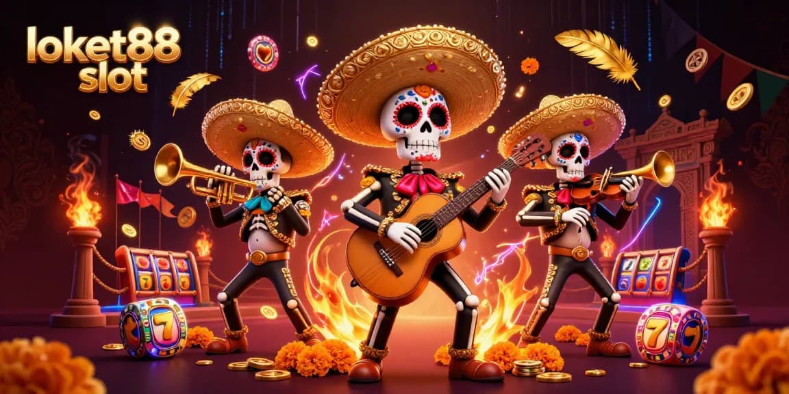 Experience winning thrills at loket88 slot, with vibrant mariachi characters and slot reels capturing excitement.