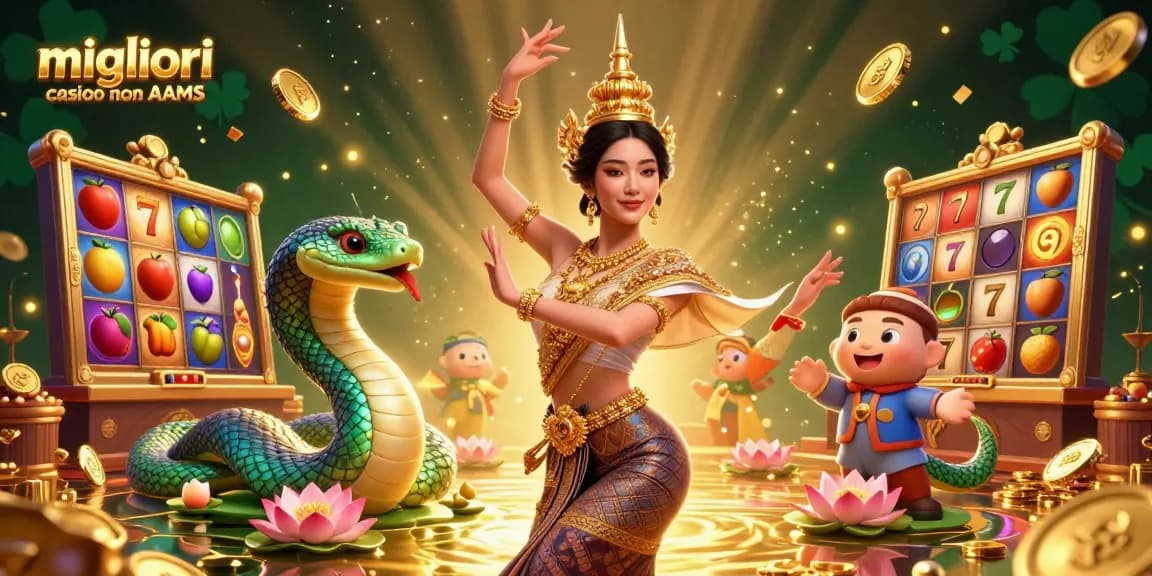 La scena vibrante mostra i migliori casino non AAMS con una donna asiatica e il serpente Naga, circondati da elementi di giochi di slot.