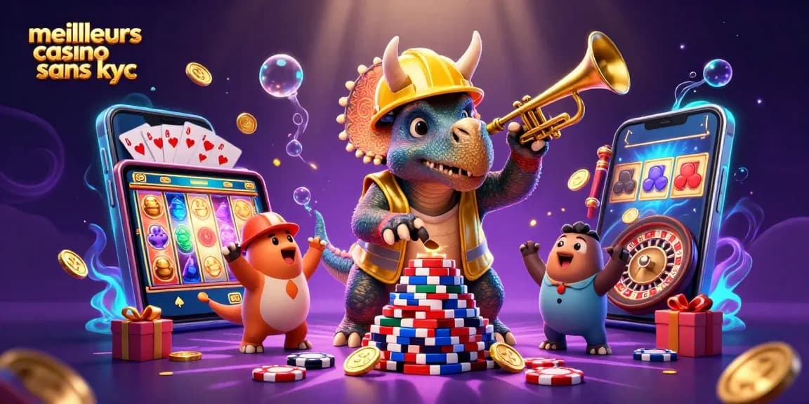 Jouer aux meilleurs casinos sans KYC avec une illustration dynamique de dinosaures et des éléments de jeu.