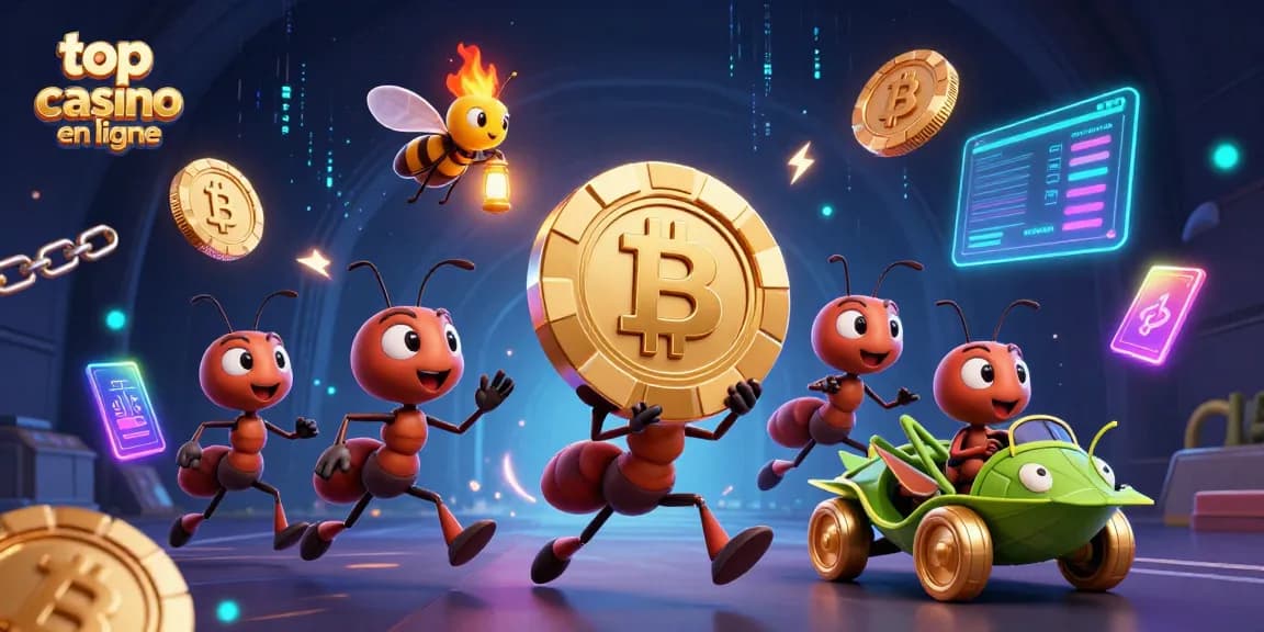 Top casino en ligne illustré par une équipe de fourmis transportant un jeton de poker doré dans un tunnel.