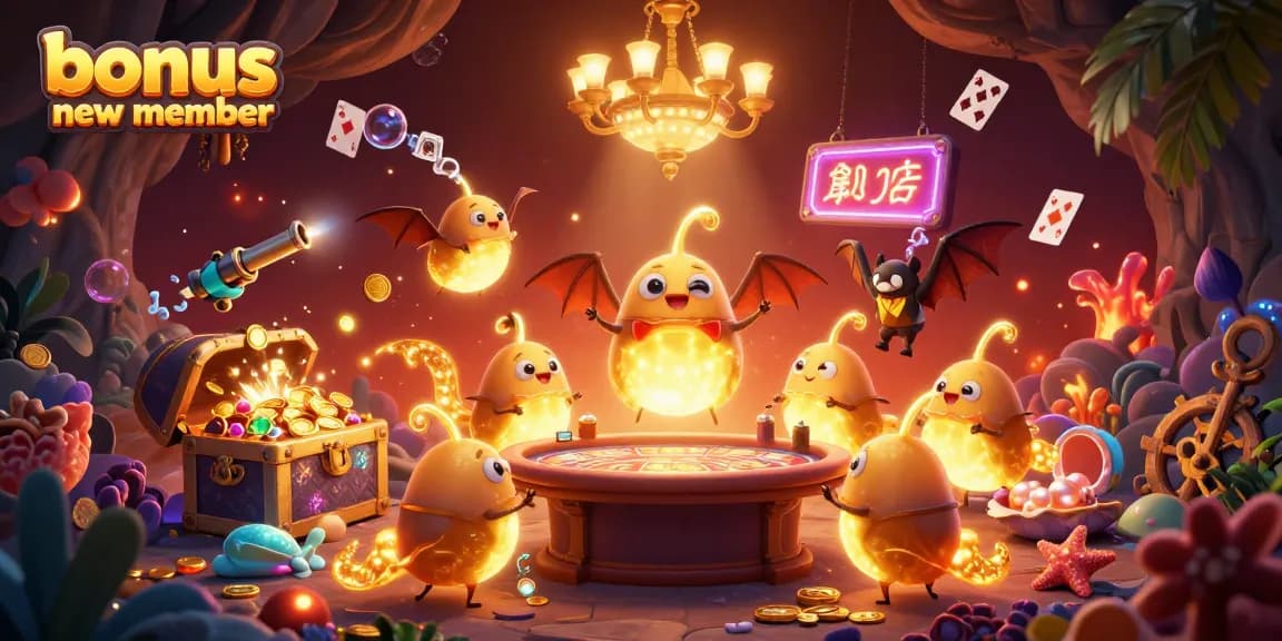Engage with the vibrant cave casino scene showcasing bonus new member excitement with glowworms and treasures.