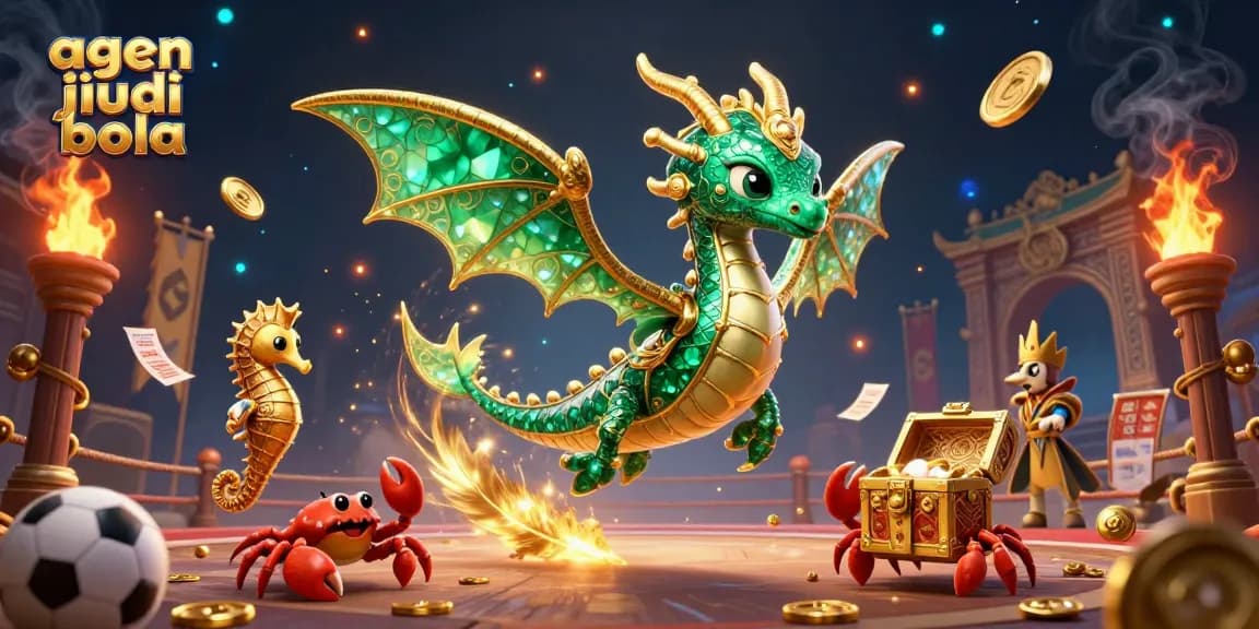 Winning at agen judi bola with spectacular sports scene illustration featuring dragons and treasure.