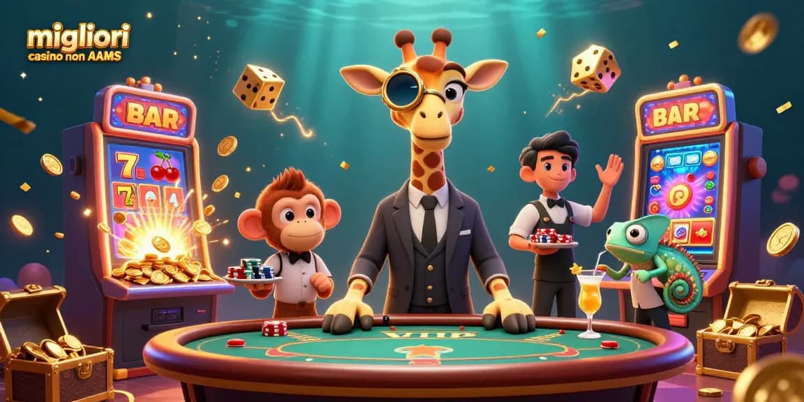 Migliori casino non AAMS con una giraffa allegra e amici che godono delle vincite in un casinò vivace