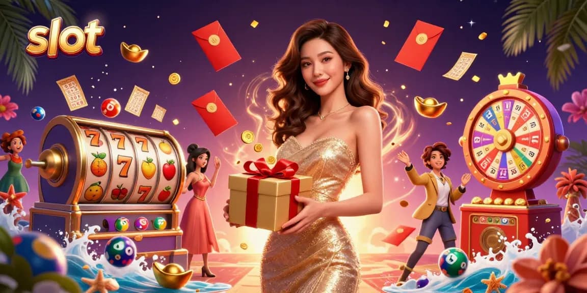 Spin the slot reels in a vibrant casino scene with a welcoming Asian woman and festive elements.
