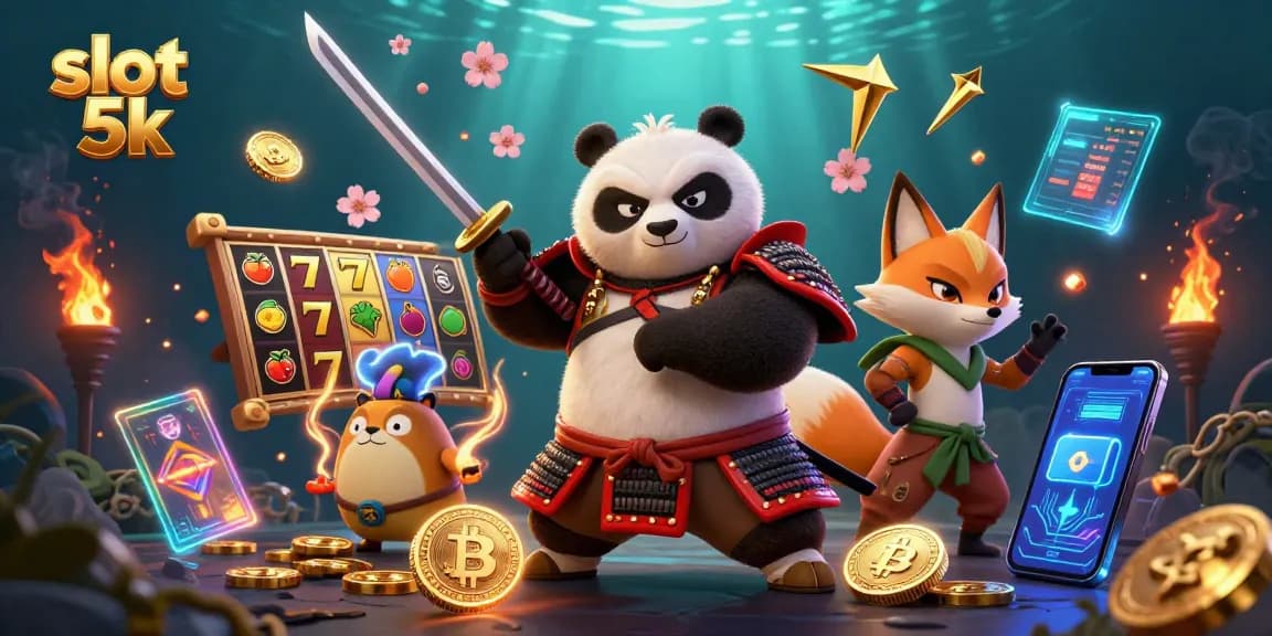Play slot 5k with dynamic visuals of samurai panda and ninja fox in a thrilling casino scene.