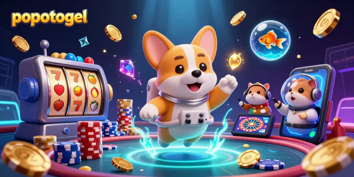 Experience thrilling gaming adventures with popotogel's dazzling slot reels, floating characters, and vibrant casino elements.