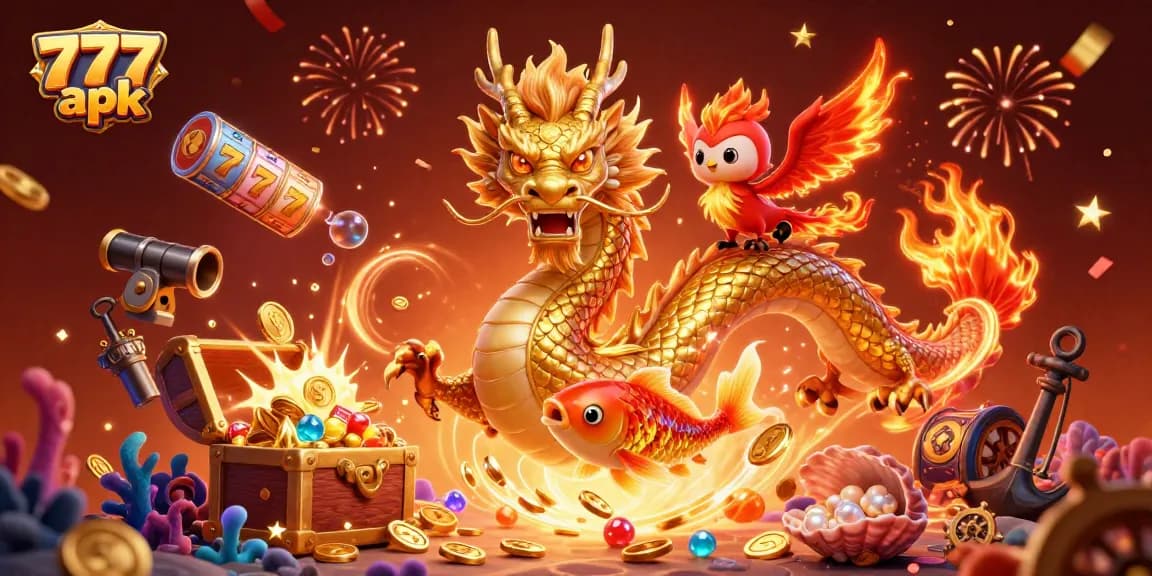 Spin the reels with 777 apk in this vibrant casino-themed illustration featuring dragons, treasures, and coins.