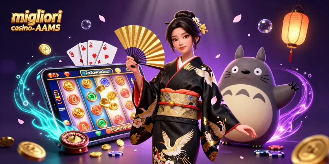 Migliori casino non AAMS con una donna asiatica elegante in kimono, elementi dinamici di gioco alle slot