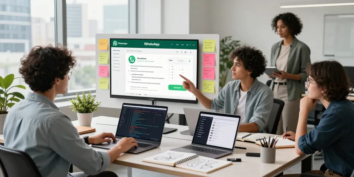 Collaboration scene showcasing WhatsApp網頁版 in a modern office with diverse professionals working on a desktop application interface.