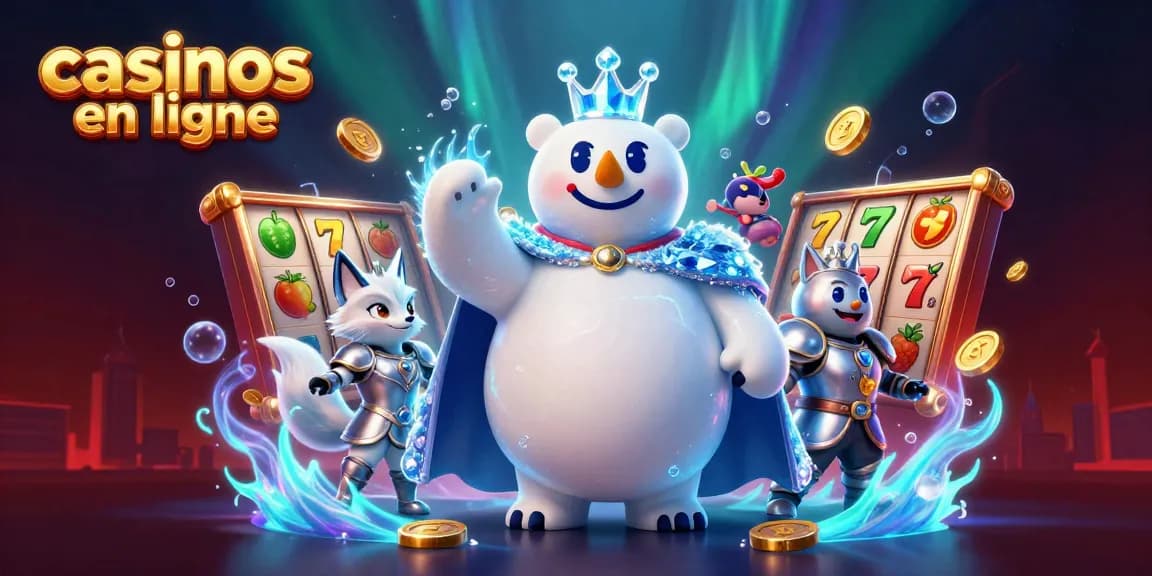Illustration dynamique de casinos en ligne avec un ours polaire royal et un renard en armure, entourés de jeux.