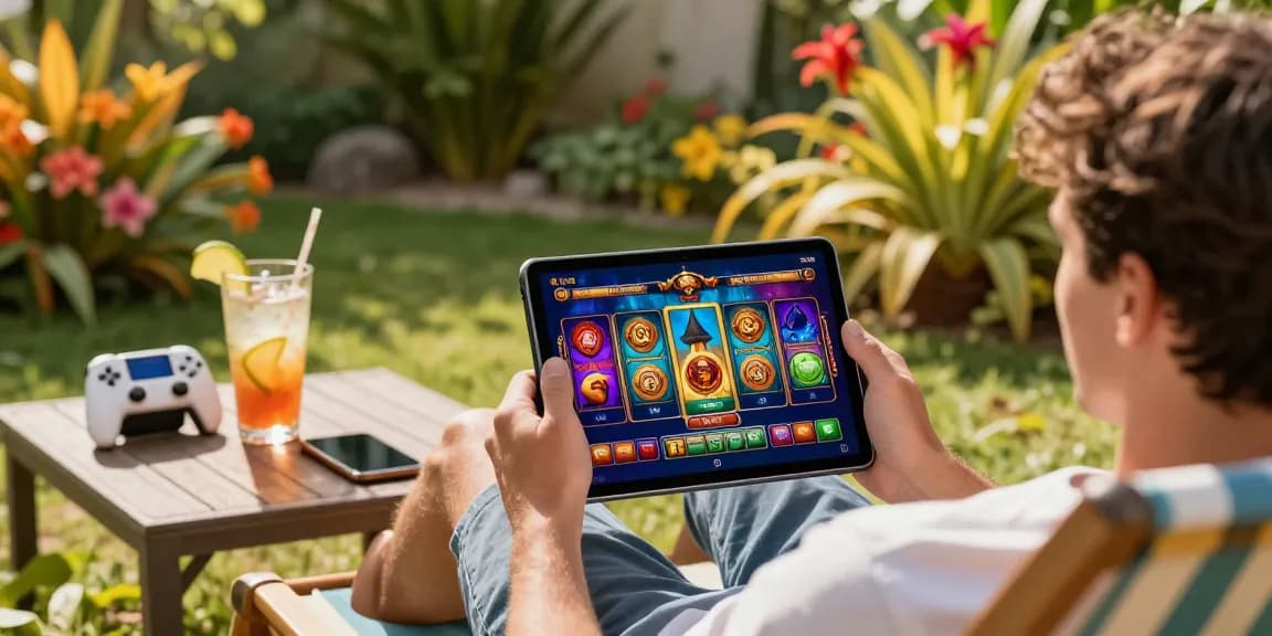 Pasar 88 - Pemain menikmati permainan slot online di tablet di taman yang indah.
