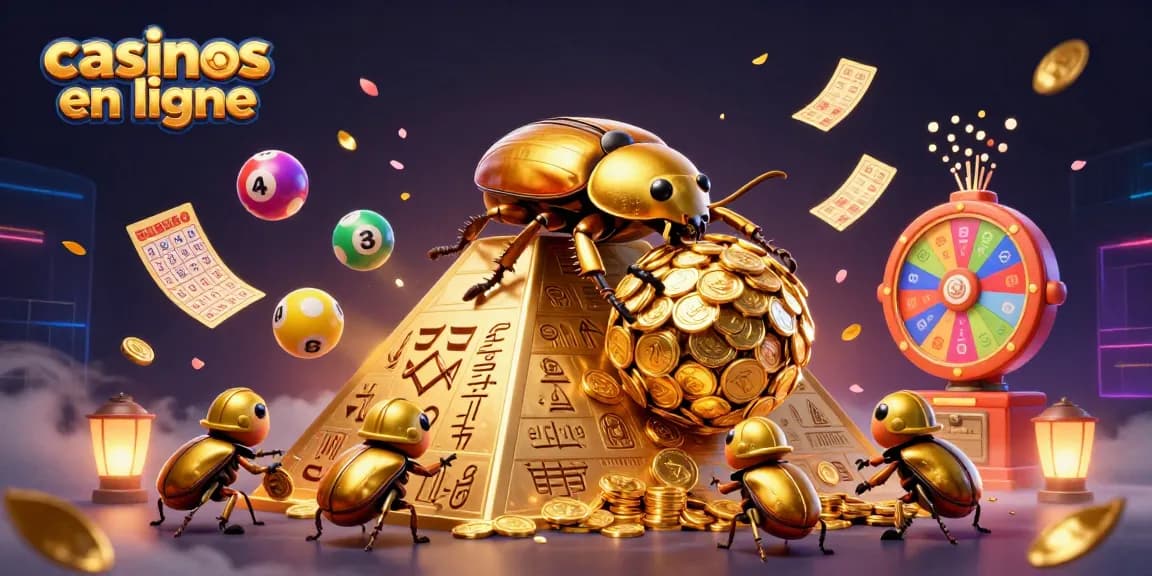 Jouer à des jeux de casinos en ligne avec des symboles typiques et des éléments dynamiques dans une scène riche et colorée.