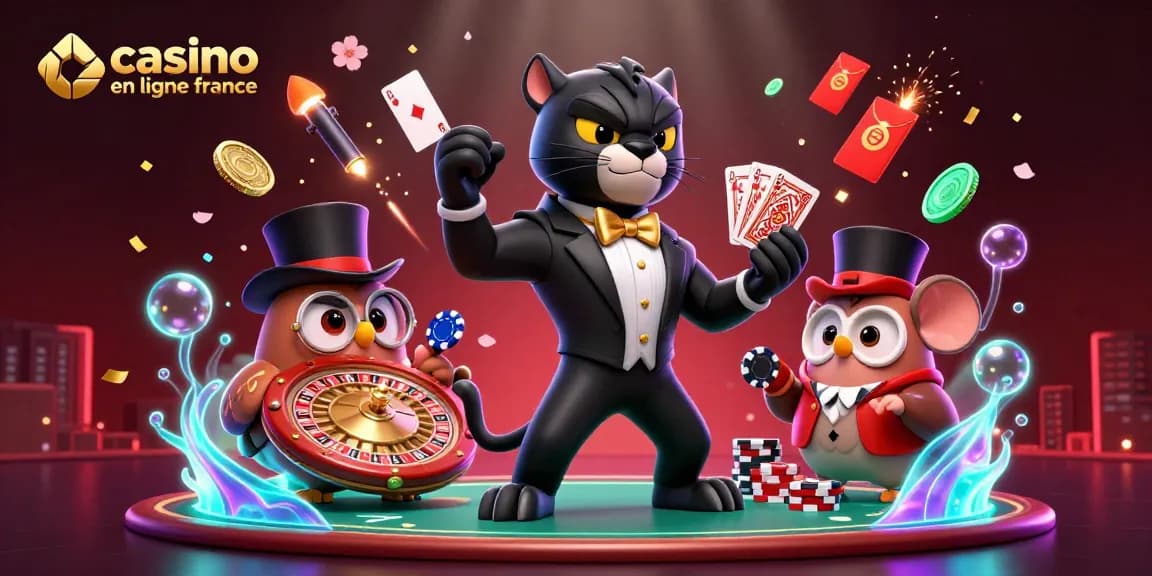Experience the thrill of casino en ligne france with stylish characters playing cards amid vibrant casino elements.