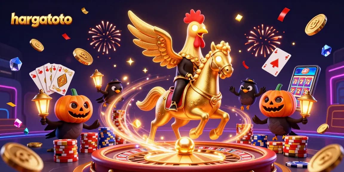 Hargatoto menampilkan ilustrasi kasino dengan ayam jantan emas dan kawanannya, penuhi kesenangan judi.