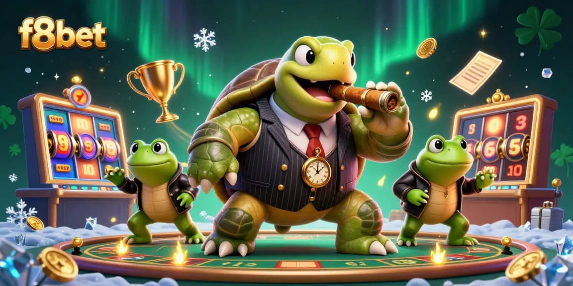 Bet on f8bet with an animated turtle in a mobster suit amidst casino elements.