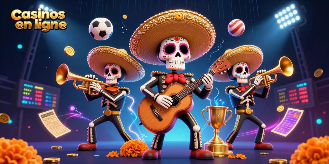 Jouez aux casinos en ligne avec l'animation d'une bande de mariachi colorée entourée d'éléments ludiques.