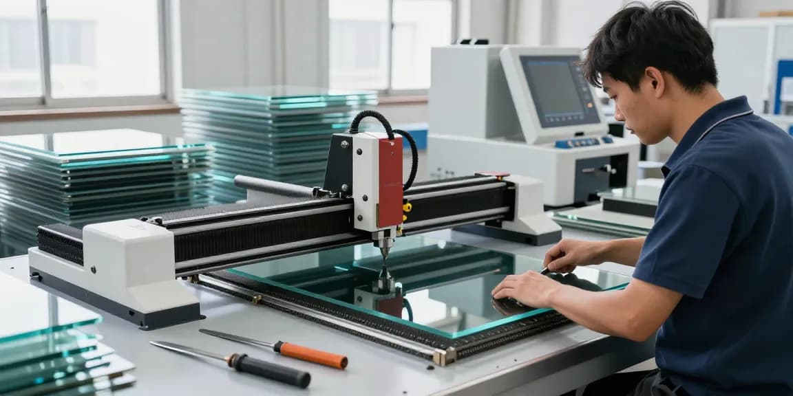Technician using a glass cutting table in modern industrial workshop for precision glass cutting.