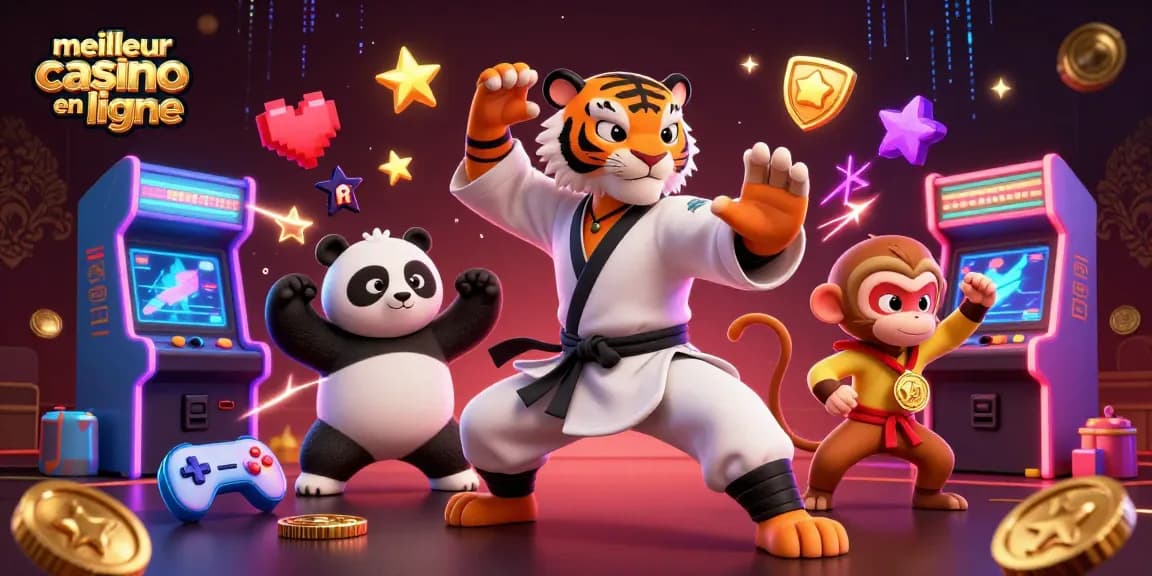 Illustration d'un meilleur casino en ligne avec un tigre maître, un panda, et un singe jouant ensemble