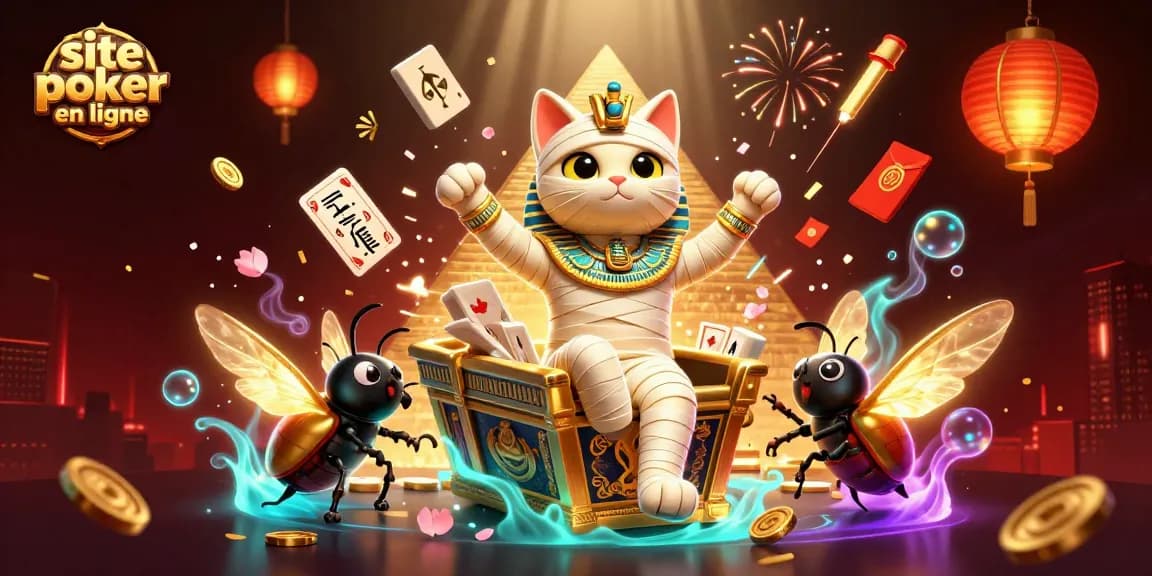 Jouez sur un site de poker en ligne avec une illustration dynamique et colorée de jeux de cartes et de personnages captivants.